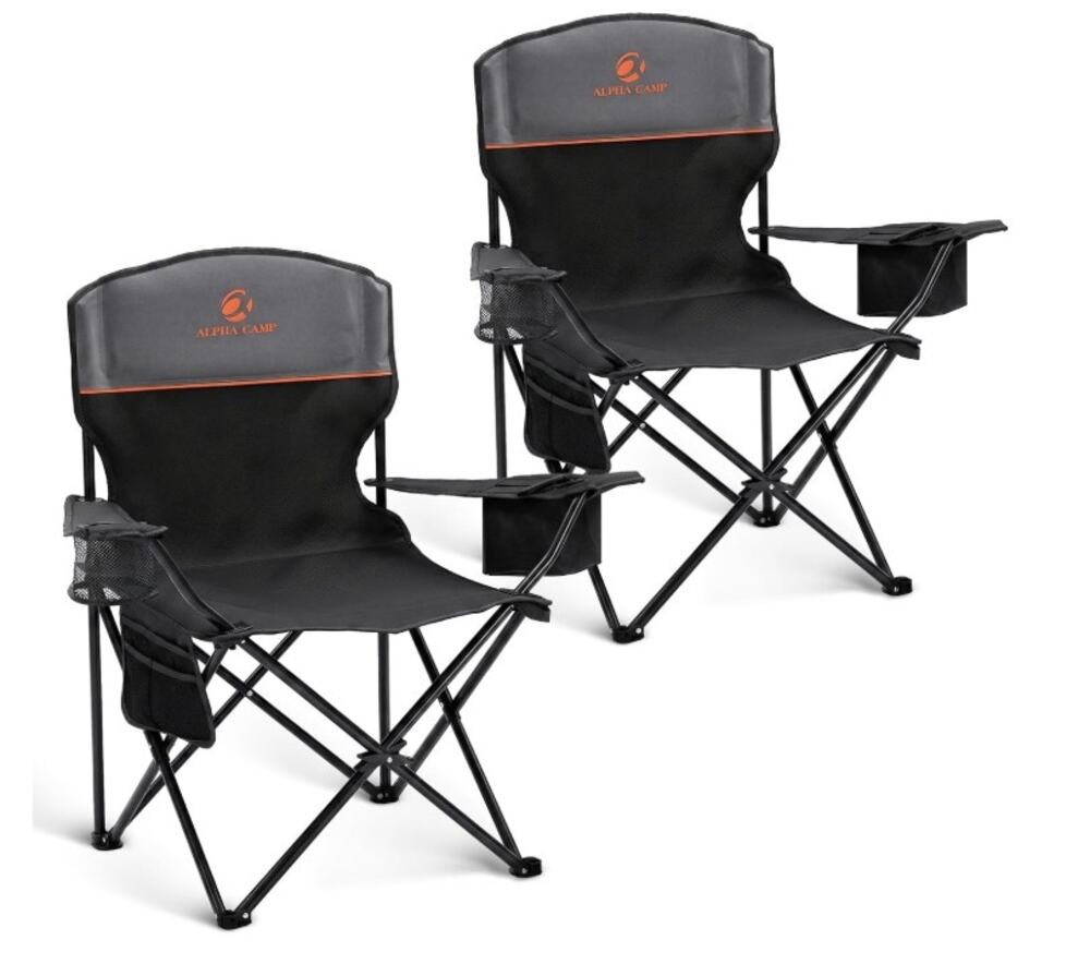 ALPHA CAMP 2 Pack Folding Camping Chairs w/ Cooler Cup Holder & Carry Bags